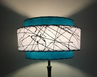 Mid Century Style 3 Tier Fiberglass Lamp Shade Retro Modern 15X9 Turquoise / White 3