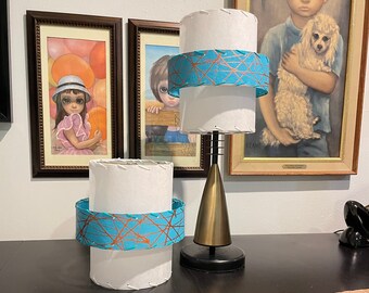 Custom Pair of 3 Tier Mid Century Style Fiberglass Lamp Shades Turquoise Rose Gold Copper