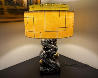 Mid Century Vintage Style 2 Tier Fiberglass Lamp Shade Ivory Olive Green Gold Cubes