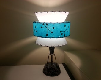 Mid Century Vintage Style Tapered 3 Tier Fiberglass Lamp Shade Starburst Atomic WHT/TRQ
