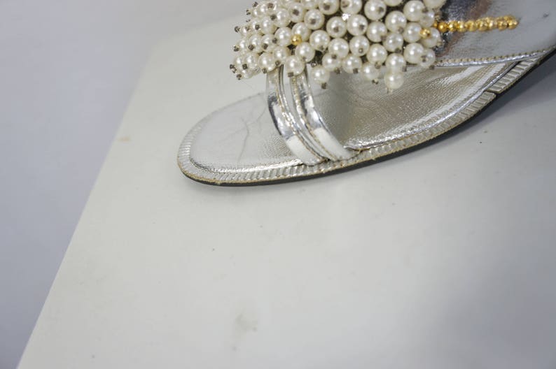 vintage metallic silver sandals with beads and pearls slingback size 7 12 or 8 open toe sandals Philippines