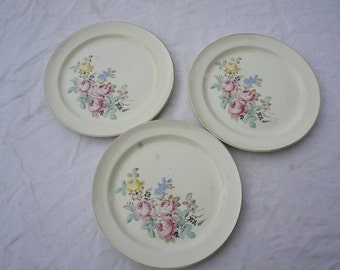 3  Taylor Smith Taylor Rose pattern dinner plates Cottage kitchen plates 3 dinner plates pink yellow blue roses