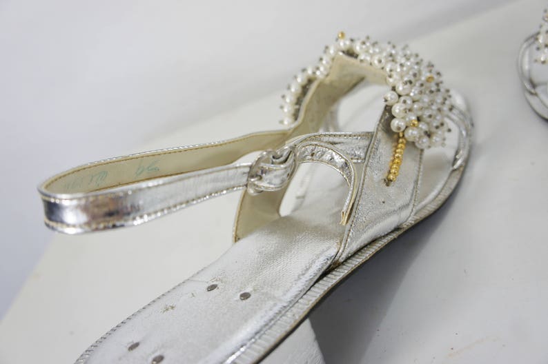 vintage metallic silver sandals with beads and pearls slingback size 7 12 or 8 open toe sandals Philippines