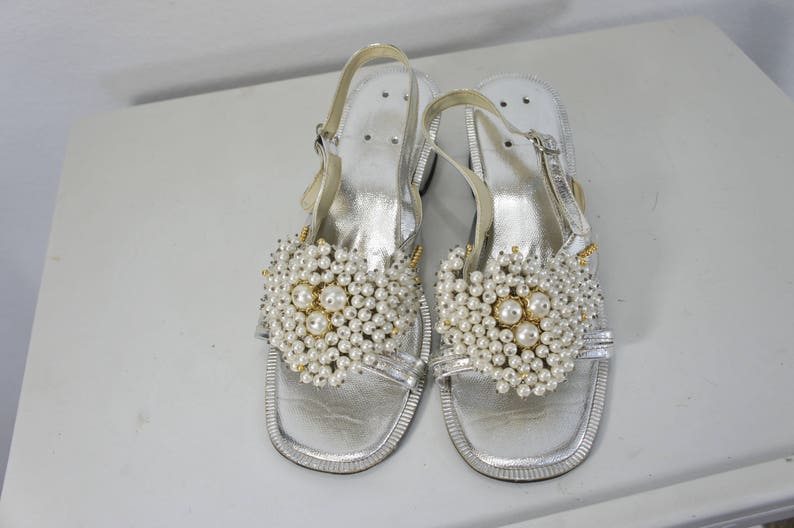 vintage metallic silver sandals with beads and pearls slingback size 7 12 or 8 open toe sandals Philippines