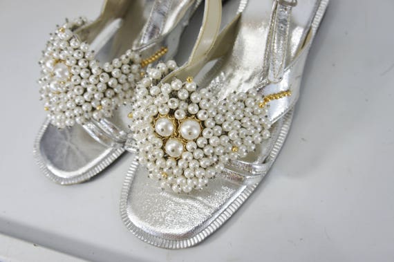 vintage metallic silver sandals with beads and pearls slingback size 7 12 or 8 open toe sandals Philippines