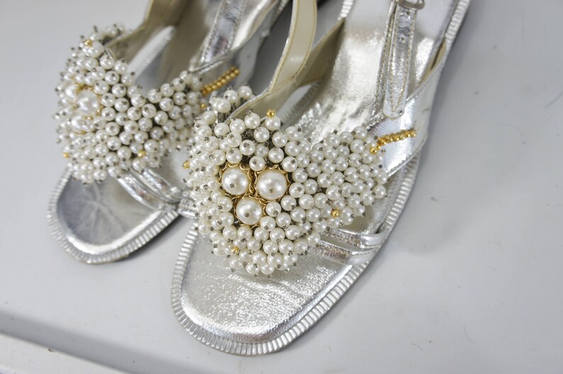 vintage metallic silver sandals with beads and pearls slingback size 7 12 or 8 open toe sandals Philippines