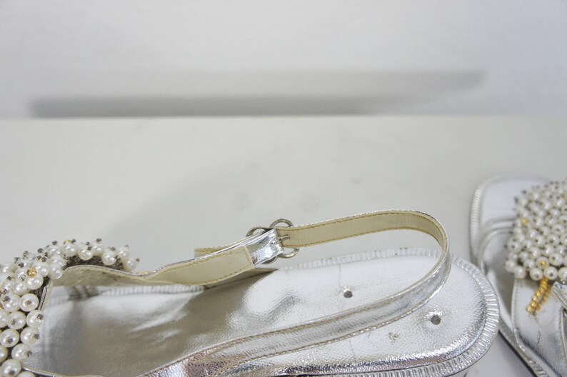 vintage metallic silver sandals with beads and pearls slingback size 7 12 or 8 open toe sandals Philippines