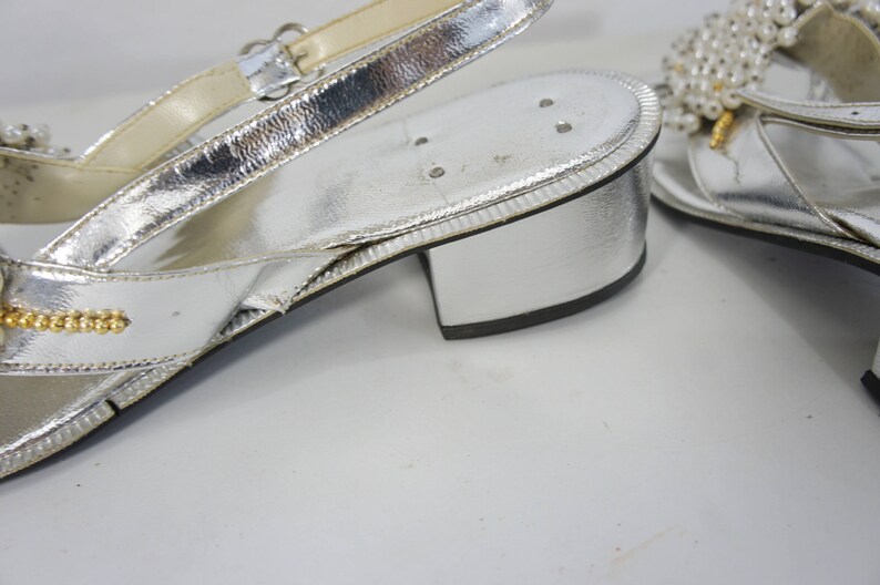 vintage metallic silver sandals with beads and pearls slingback size 7 12 or 8 open toe sandals Philippines