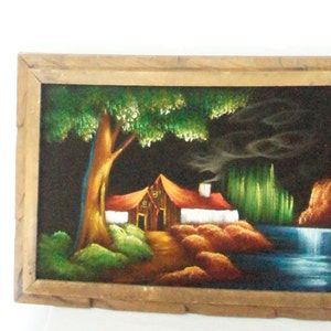 Vintage velvet painting rustic carved Mexican frame house and night sky Nice medium size