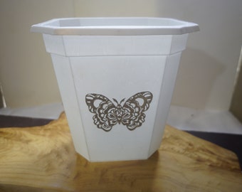 vintage white plastic trash can goldbutterfly decal rectangle mid century atomic era bathroom bedroom size  waste receptacle