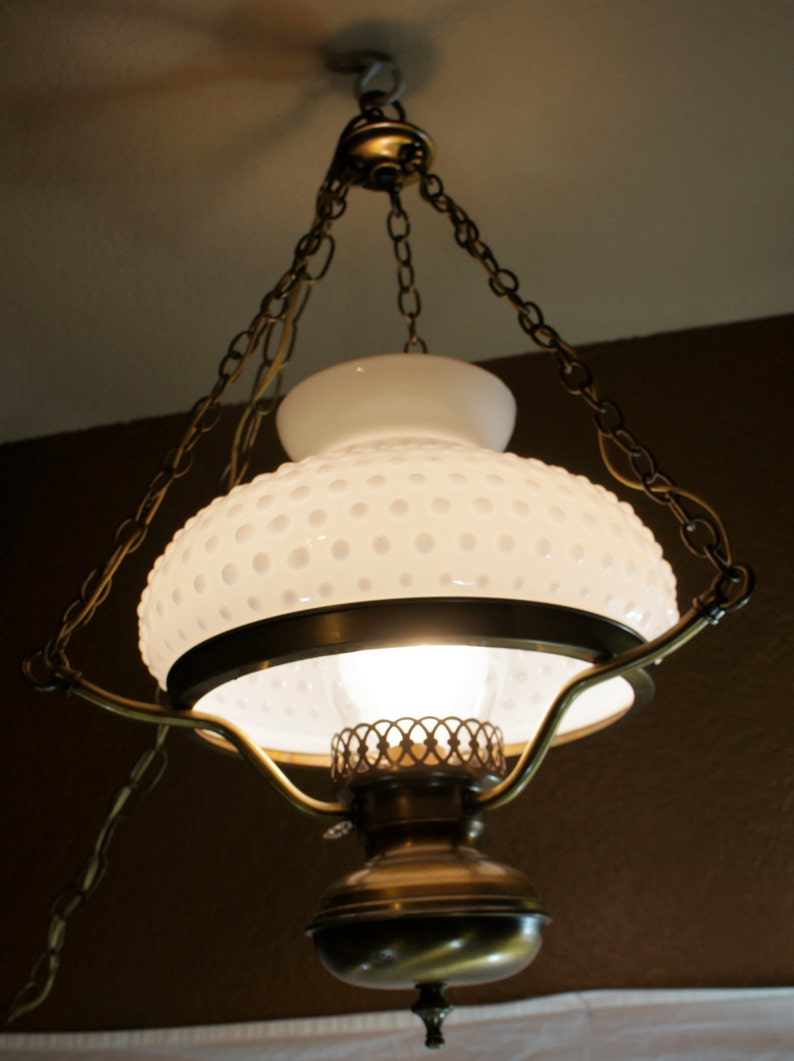 Vintage hobnail milk glass swag hanging lamp light with glass Etsy