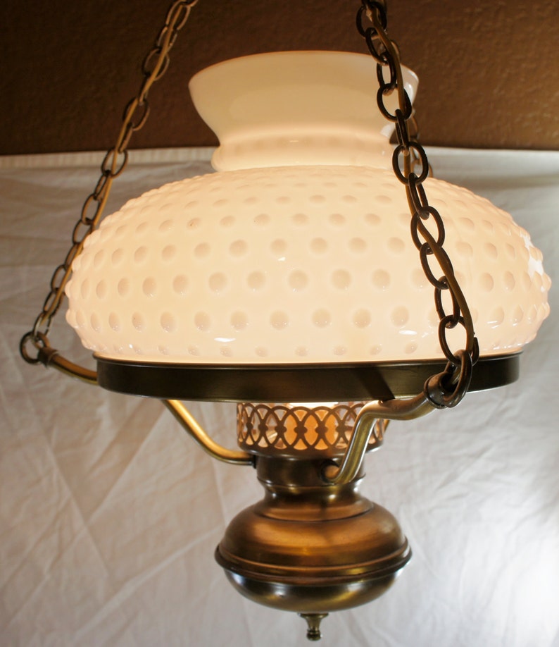 Vintage hobnail milk glass swag hanging lamp light with glass | Etsy
