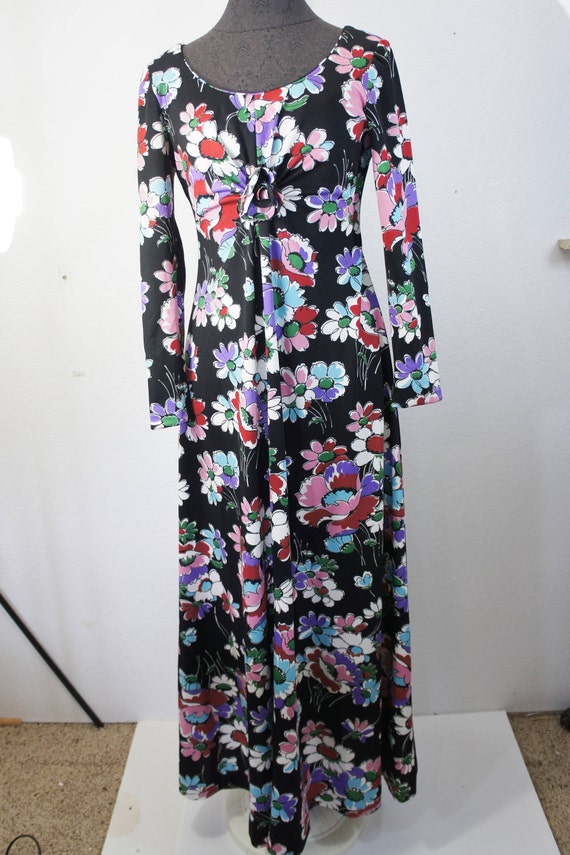 vintage  EDITH FLAGG mod maxi dress black floral … - image 2