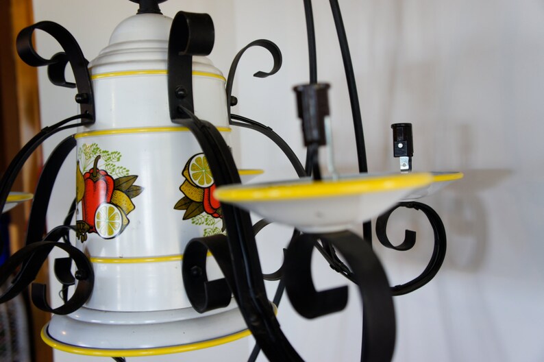 vintage 5 arm wrought iron and metal chandelier with fruit and vegetable pattern kitchen ceiling light