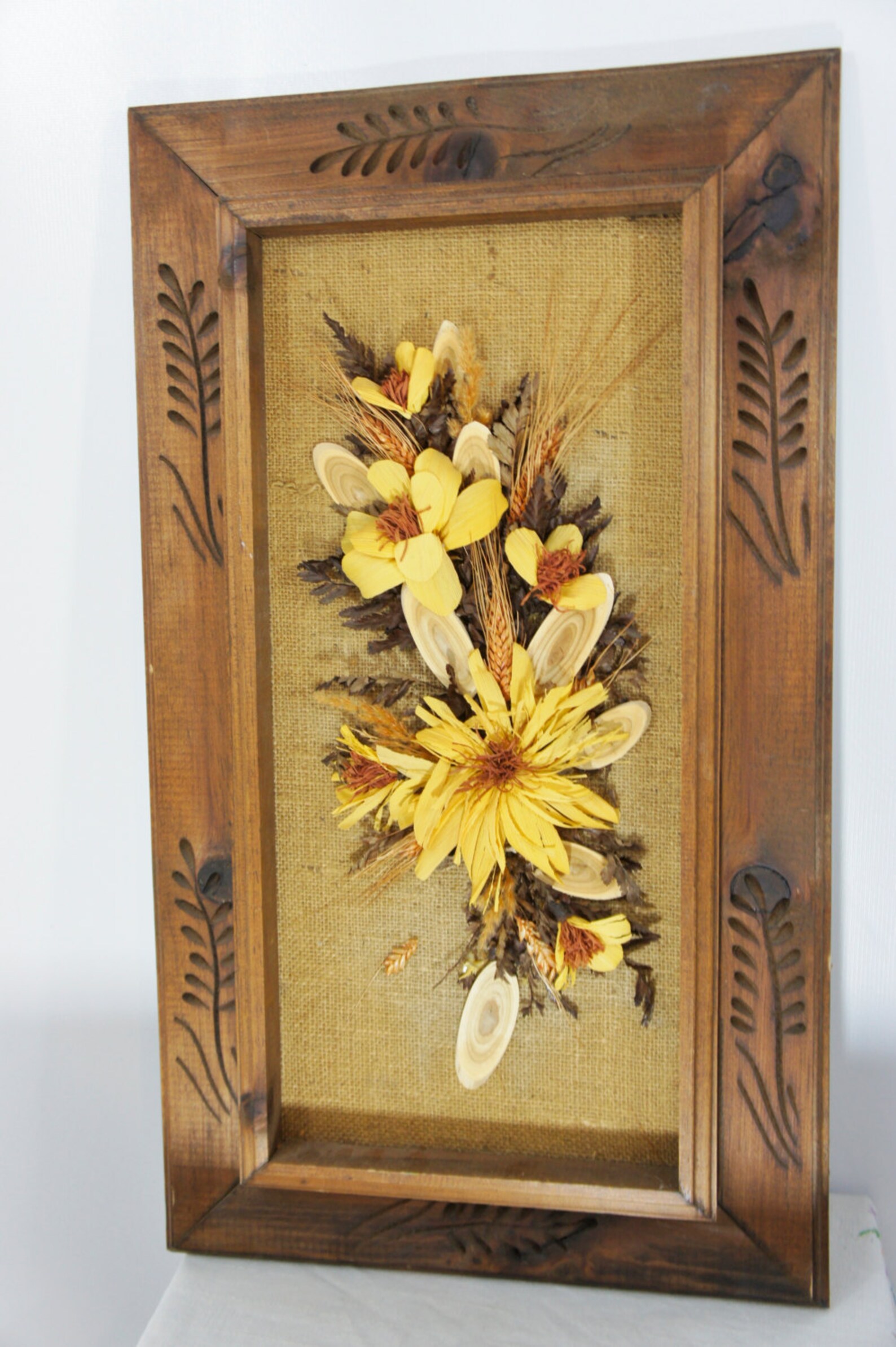 Vintage 3d Shadow Box Carved Frame Picture Burlap Wood Flower Etsy