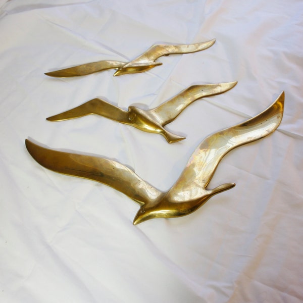 3 piece Vintage Brass seagull in flight wall hangings varied sizes solid brass wall decor flying birds mid century nautical beach house