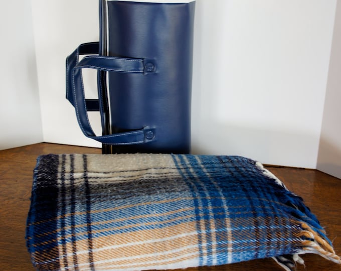 Wool Stadium Blanket With Carrier Plaid Picnic Cover Camping Gear Blue
