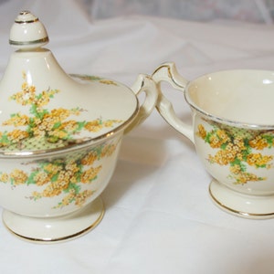Edwin M. KNOWLES China Co  Creamer and Sugar with Lid Yellow Flowers Classic Creme Cottage chic Spring Wedding Dishes