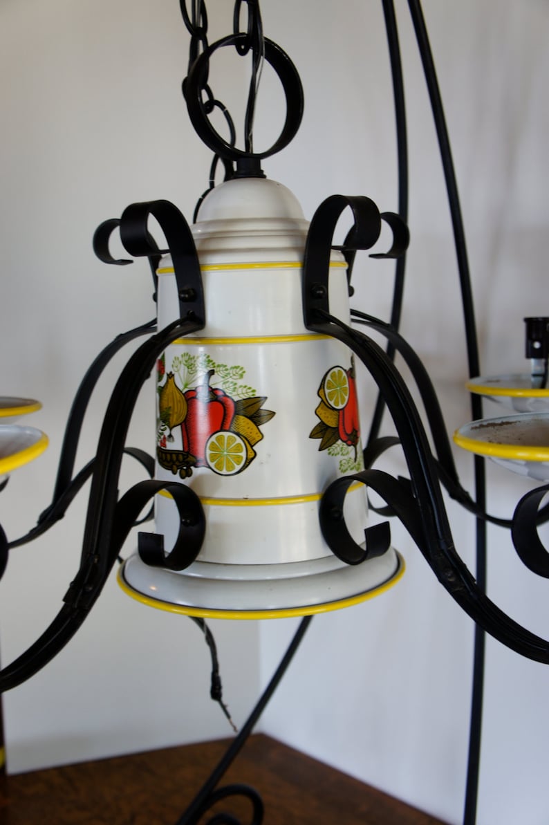 vintage 5 arm wrought iron and metal chandelier with fruit and vegetable pattern kitchen ceiling light