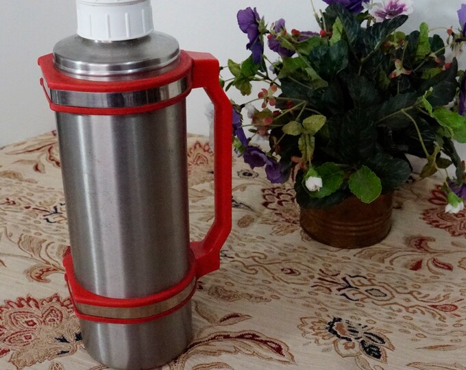 Vintage Nissan Nippon Sansko KK Japan Stainless Thermos With Red Handle