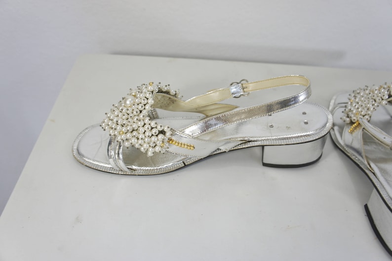 vintage metallic silver sandals with beads and pearls slingback size 7 12 or 8 open toe sandals Philippines