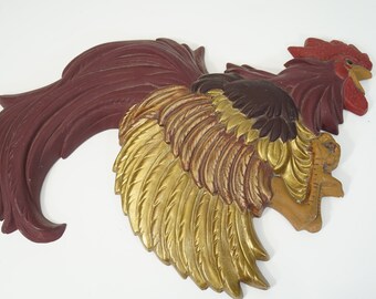 large vintage chalkware rooster maroon with copper and gold colors gorgeous kitchen decor