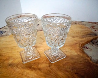 Pair Imperial Glass Cape Cod Clear Diamond Thumb Print Cordials Waffle Ball Stem