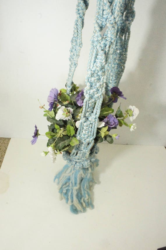 Vintage Blue And White Macrame Plant Holder Extra Long Tall Ceilings Porches Tassels Boho Hippie Retro Decor