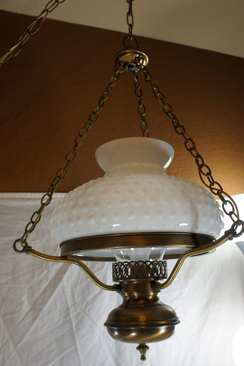 Vintage hobnail milk glass swag hanging lamp light with glass | Etsy
