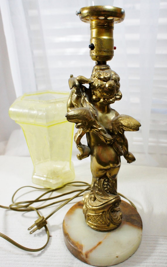 Child Angel Lamp Brass Cherub With Crystal Accents and Marble Base Vintage  Art Nouveau Home Lighting Décor 