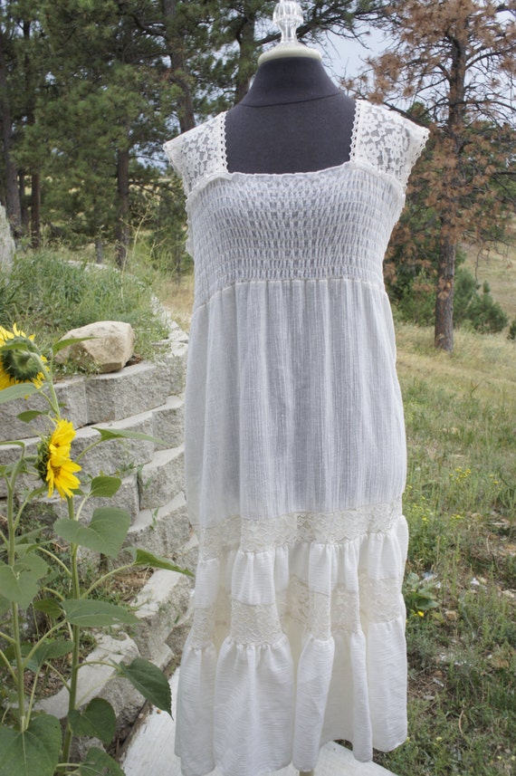 Vintage Aldens Fashions Ivory Gauze Dress Smocked
