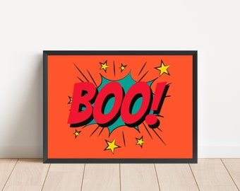 Boo Halloween Autumn Comic Retro Typography Print  - Colourful Fun Bright Wall Art - Kids Room, Nursery, Playroom, Kitchen - A3 A4 A5