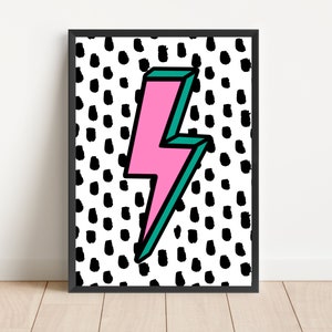 Lightning Bolt Dalmatian Spot Print  - Wall Art  - Gallery Wall - Pink & Green - Bright Colourful Art - Pastel - A3 A4 A5