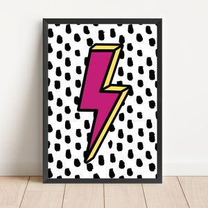 Lightning Bolt Dalmatian Spot Print - Bright  Colourful Pink & Yellow Print - A3 A4 A5