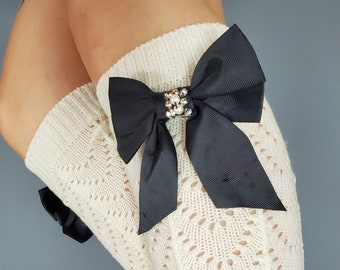 Scalda gamba a maglia da donna con perno di fiocco perline di colore bianco Carino e caldo