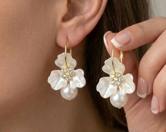 Perle Blumen Hoop Ohrringe, Gold Ton Braut Hochzeit Schmuck