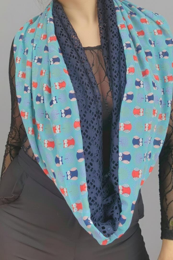 Luxury Handmade Infinity Scarf with Owl Print, Chiffon & Navy Lace, One of a Kind Designer Scarf