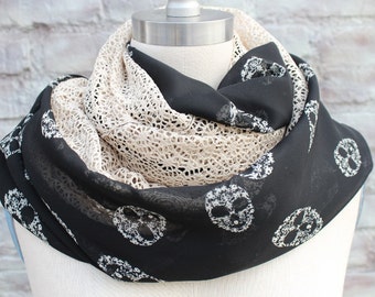 Skull Printed  Infinity Scarf with lace  for  Woman great accessory for your outfit