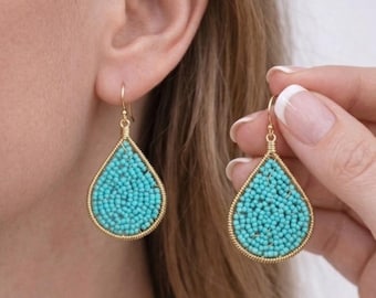 Turquoise Beaded Gold Earrings – Lightweight
