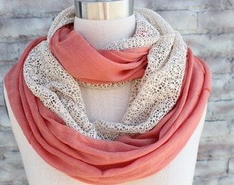 Infinity  scarf with ivory color lace  for woman great accessory for your outfit