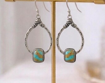 Boho Turquoise Teardrop Dangle Earrings, Southwestern Silver Style Jewelry