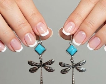 Dragonfly Turquoise Earrings, Silver Dragonfly Dangle Earrings, Boho Statement Jewelry, Southwestern Gift for Her