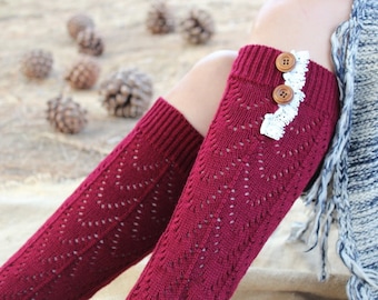 Leg warmers /Women's Knitted Leg Warmers  with Venice Lace and Buttons Cute  and Warm