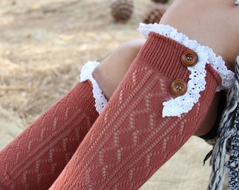 Long socks for woman / Gift for woman / Women's Knitted  Boot Socks   with Venice Lace and Buttons Cute  and Warm