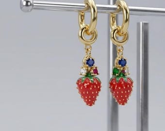 Strawberry Charm Hoop Earrings | Gold Plated Fruit Jewelry