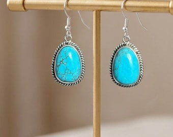 Pendientes colgantes de turquesa, joyería llamativa de plata de estilo bohemio occidental