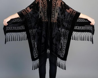 Women's   Velvet  kimono  Boho Kimono style  Black color