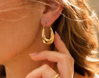 14K Gold Plated Chunky Gold Hoop Earrings, Minimalist Modern Jewelry, Everyday Lightweight Hoops