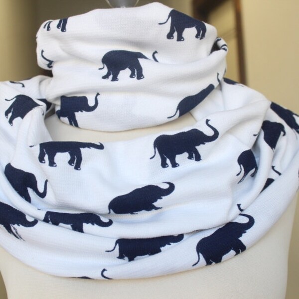 Fashion  infinity scarf   white  color with  dark blue  color  Elephant  print