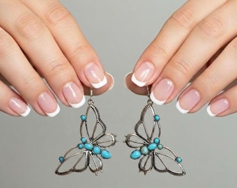 Turquoise Butterfly Earrings, Vintage Silver Boho Western Jewelry